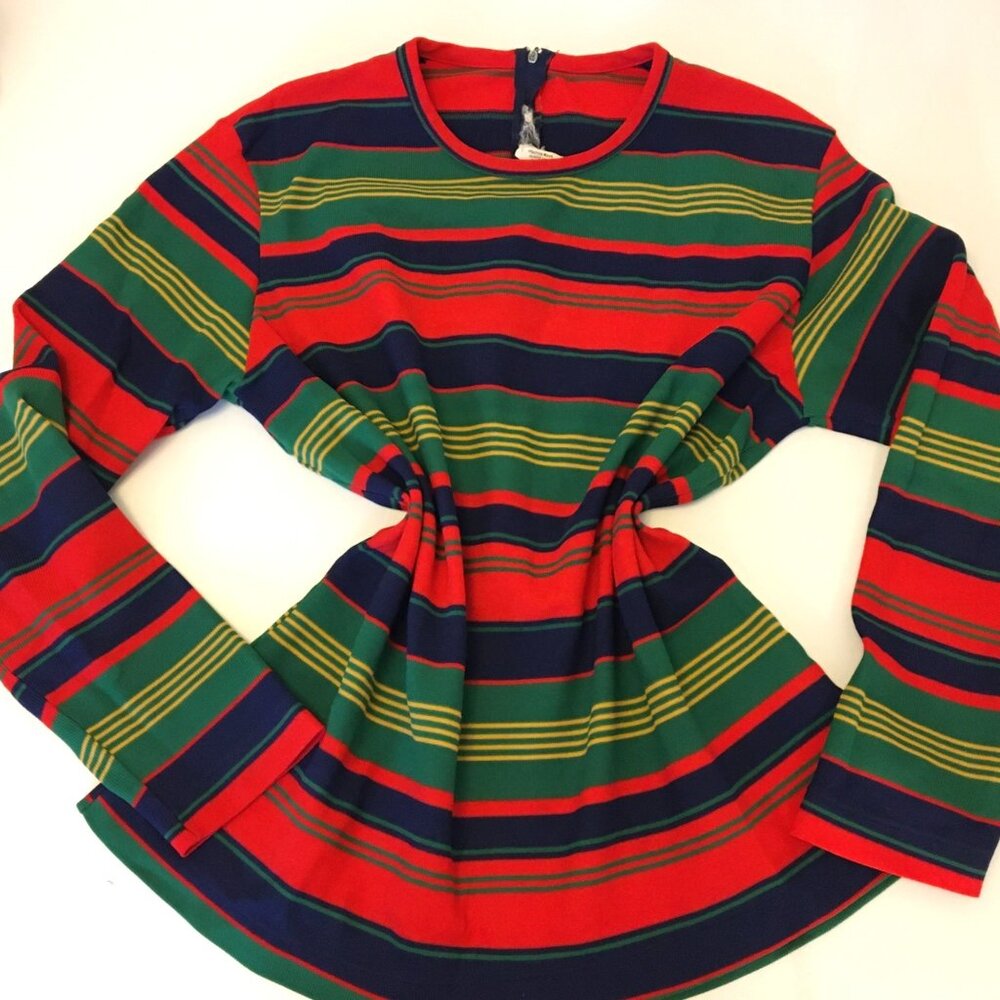 Vintage 60s Striped Long Sleeve Shirt with Back Zip Beatnik Retro Mod (T1)
